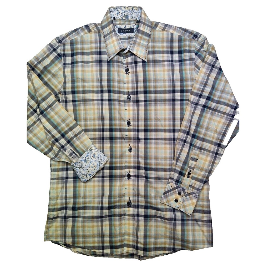 Zagiri Men Medium Multi Plaid Flip Cuff Cotton Long Sleeve Button Shirt